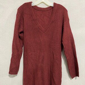 Lulus Rust Chunky Waffle Knit Sweater Dress Tunic V-Neck Cozy Boho S/M